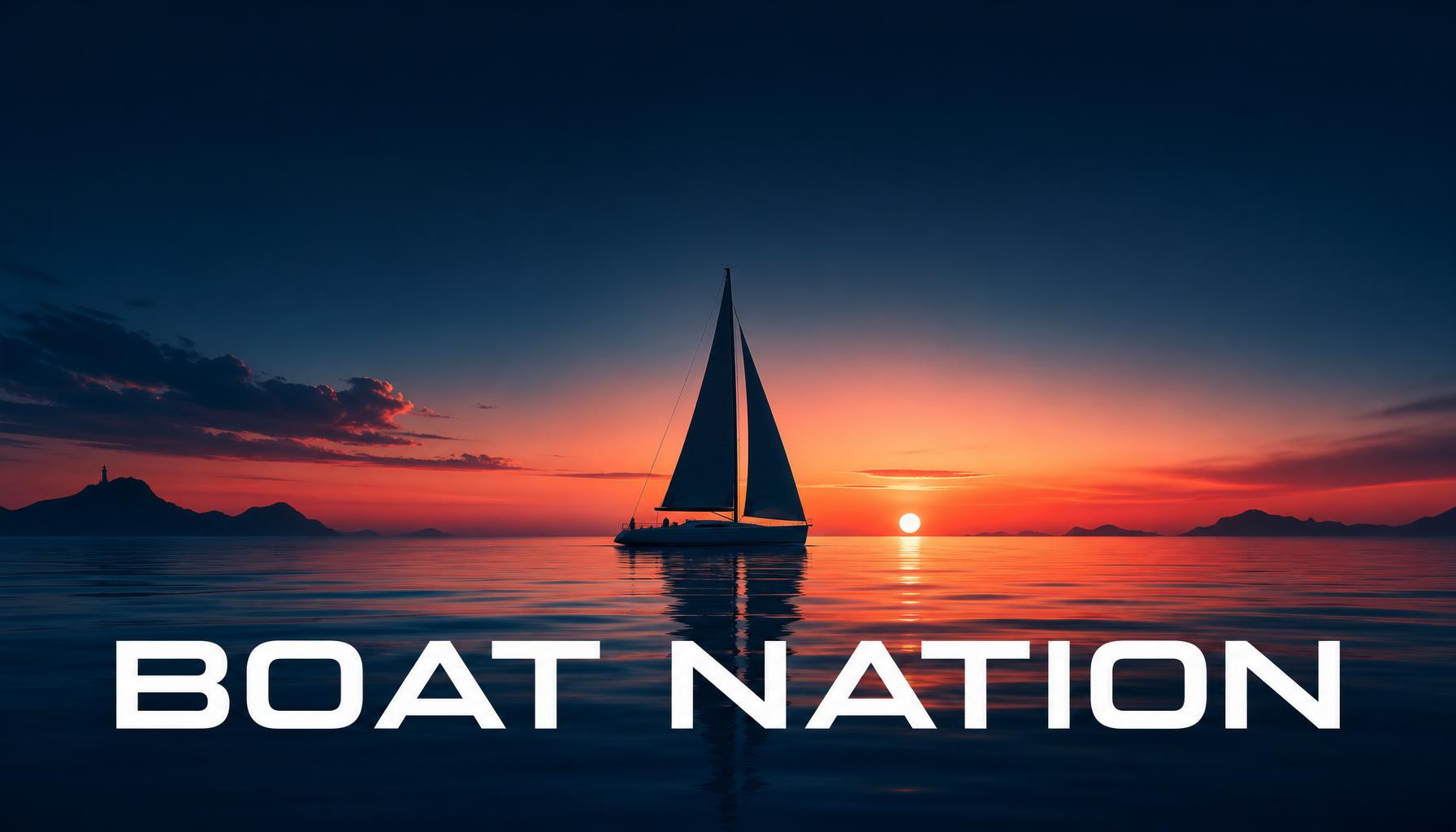 Boat Nation cover art: a sailboat on calm water at sunset